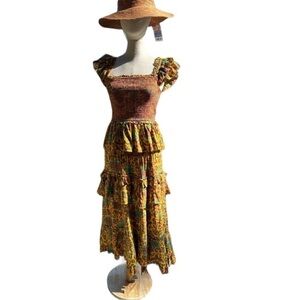 NEW House of Harlow Yellow Mustard Smocked Boho Cord Set Skirt and Top Size Med